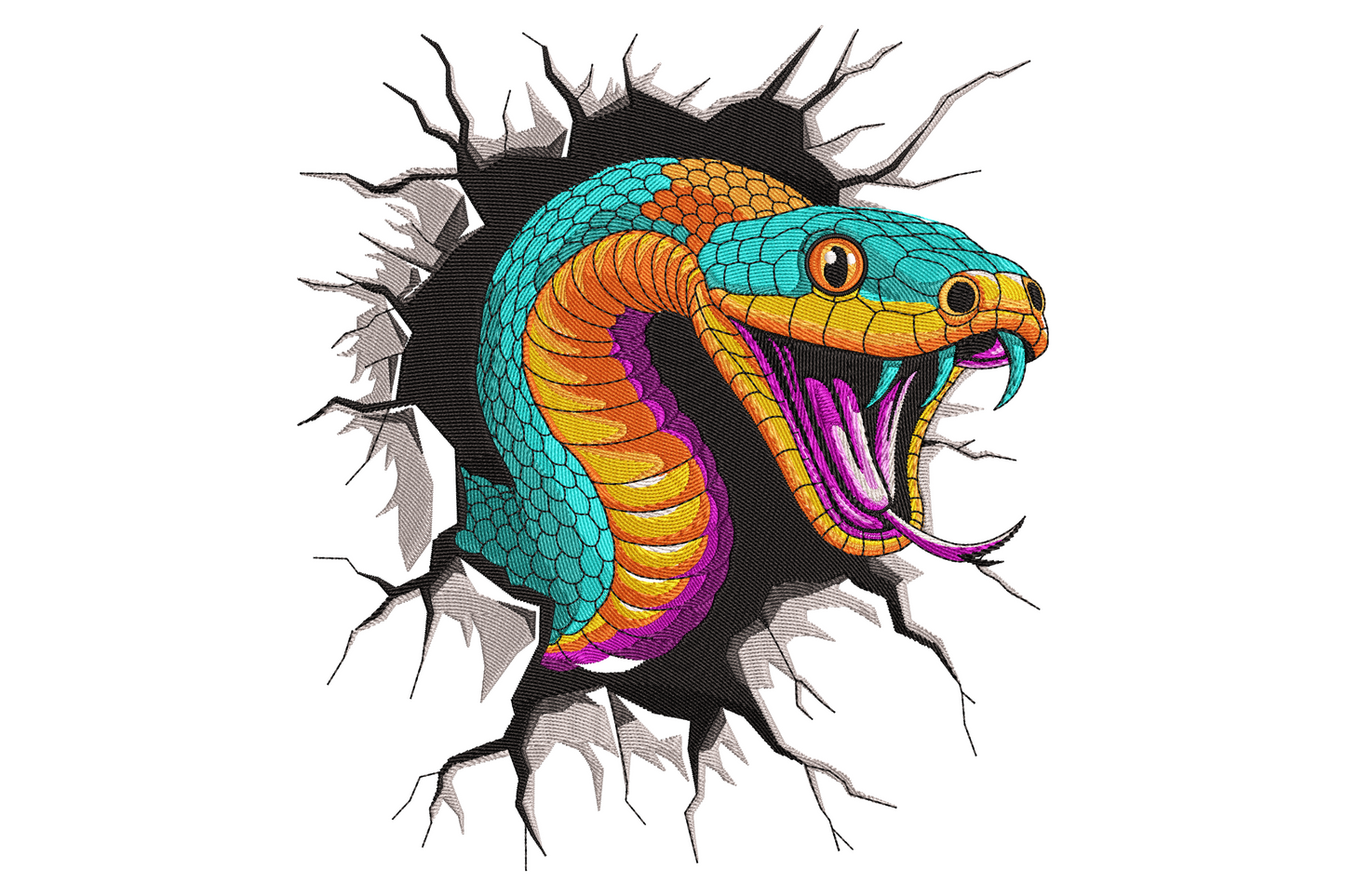 Colorful cobra snake embroidery design bursting through cracked wall, teal scales fading to orange, purple tongue and fangs on black background.