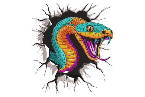 Colorful cobra snake embroidery design bursting through cracked wall, teal scales fading to orange, purple tongue and fangs on black background.
