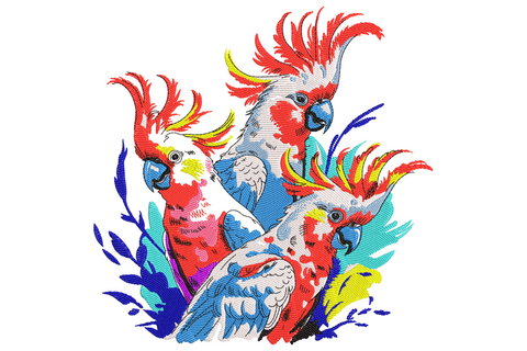 Three vivid cockatoos embroidery with red and yellow crests, white grey and pink bodies among cobalt blue tropical foliage