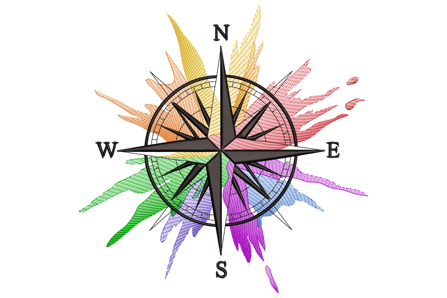 Eight-point compass rose with alternating colour wedges in navy red mustard green teal and orange, vintage stained-glass nautical navigation embroidery design.