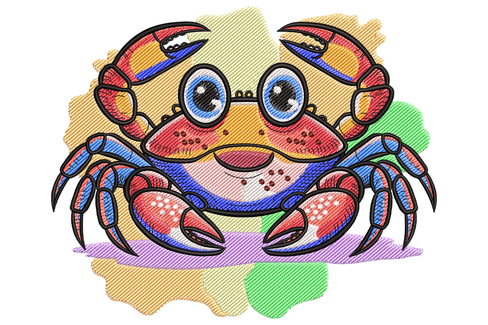 Colourful cartoon crab embroidery design facing forward with googly blue oval eyes, red-pink body, blue claws and multi-colour watercolour splatter background in yellow orange green and purple.