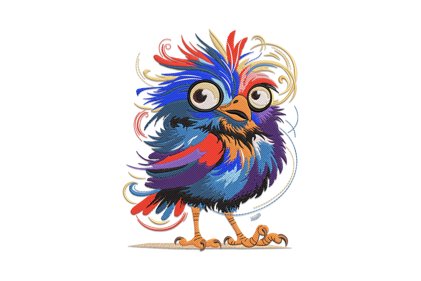 Colorful cute bird embroidery, plump tropical bird with 16-colour plumage, directional feather stitching and white highlights, perched on branch
