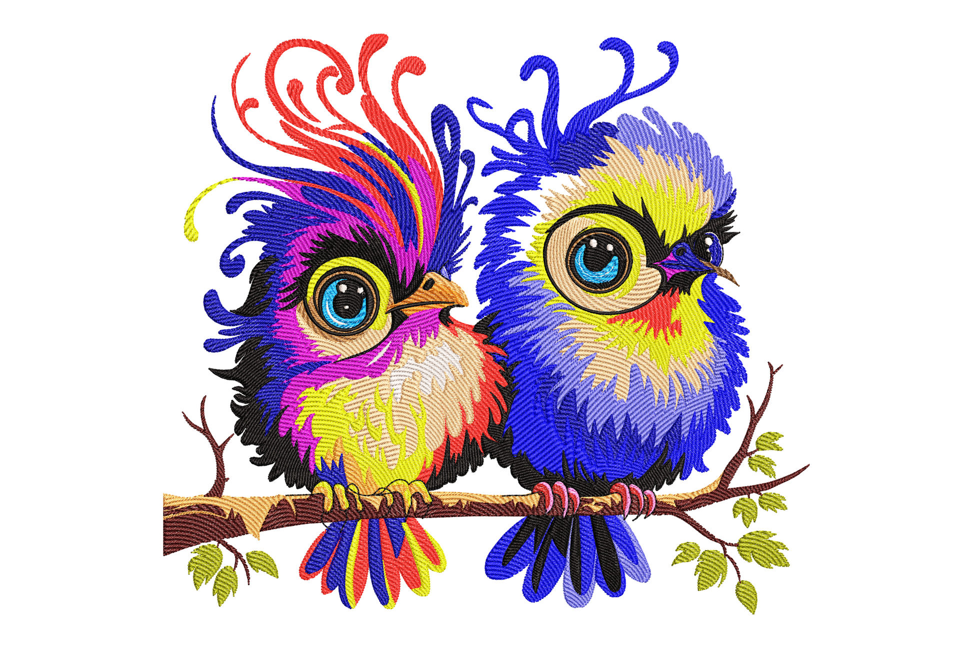 Colorful cute birds embroidery design, two kawaii birds on branch, red crest blue purple, 21 colors, giant round eyes.