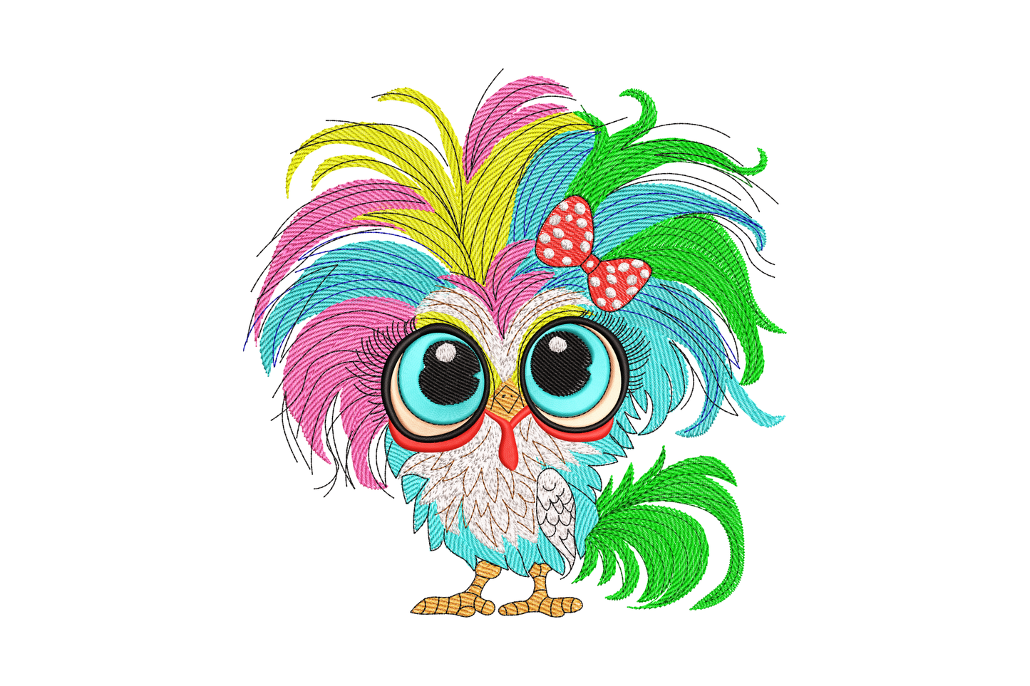 Colorful cartoon owl embroidery design with giant teal eyes, wild multicolor feathers and red bow, 15-color machine embroidery