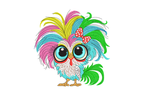 Colorful cartoon owl embroidery design with giant teal eyes, wild multicolor feathers and red bow, 15-color machine embroidery