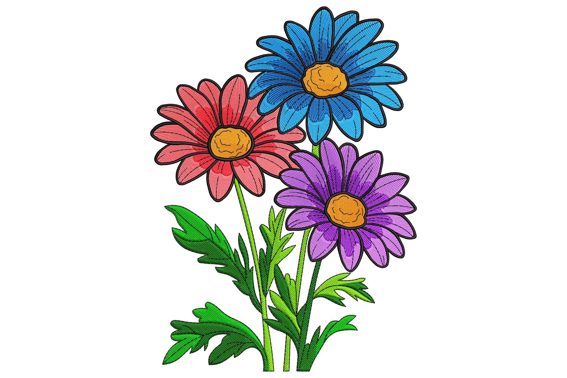 Colorful daisy bouquet embroidery design, yellow satin centres, white and pink petals, purple accent blooms, sage green stems, 11 colors, gathered bunch.