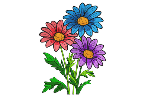 Daisy flower trio embroidery design with pink, yellow and purple petals, mustard centres and sage green stems and leaves.