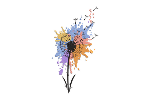 Colorful dandelion embroidery, paint-splash head in orange, blue, purple and peach, slim stem, seeds floating right.