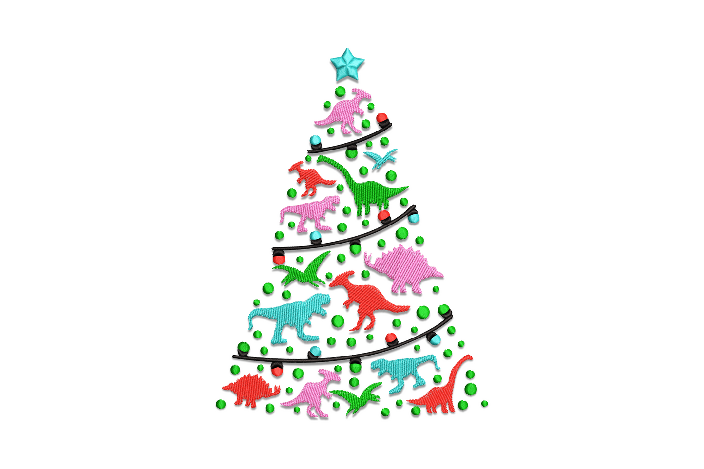 Dino christmas tree embroidery, pink aqua red green dinosaur silhouettes, black garlands, green ornaments, aqua star topper.