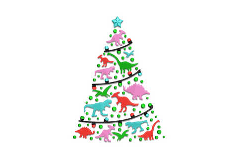 Dino christmas tree embroidery, pink aqua red green dinosaur silhouettes, black garlands, green ornaments, aqua star topper.