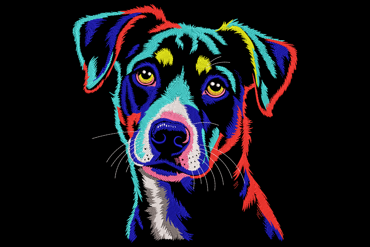 Pop-art dog portrait embroidery design with cobalt blue, teal, red and yellow fur blocks, amber yellow eyes and white muzzle on dark fabric.
