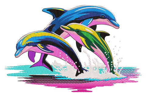 Colorful dolphin trio embroidery with three leaping dolphins in neon blue, green and pink, teal ocean splash and retro 80s poster style.