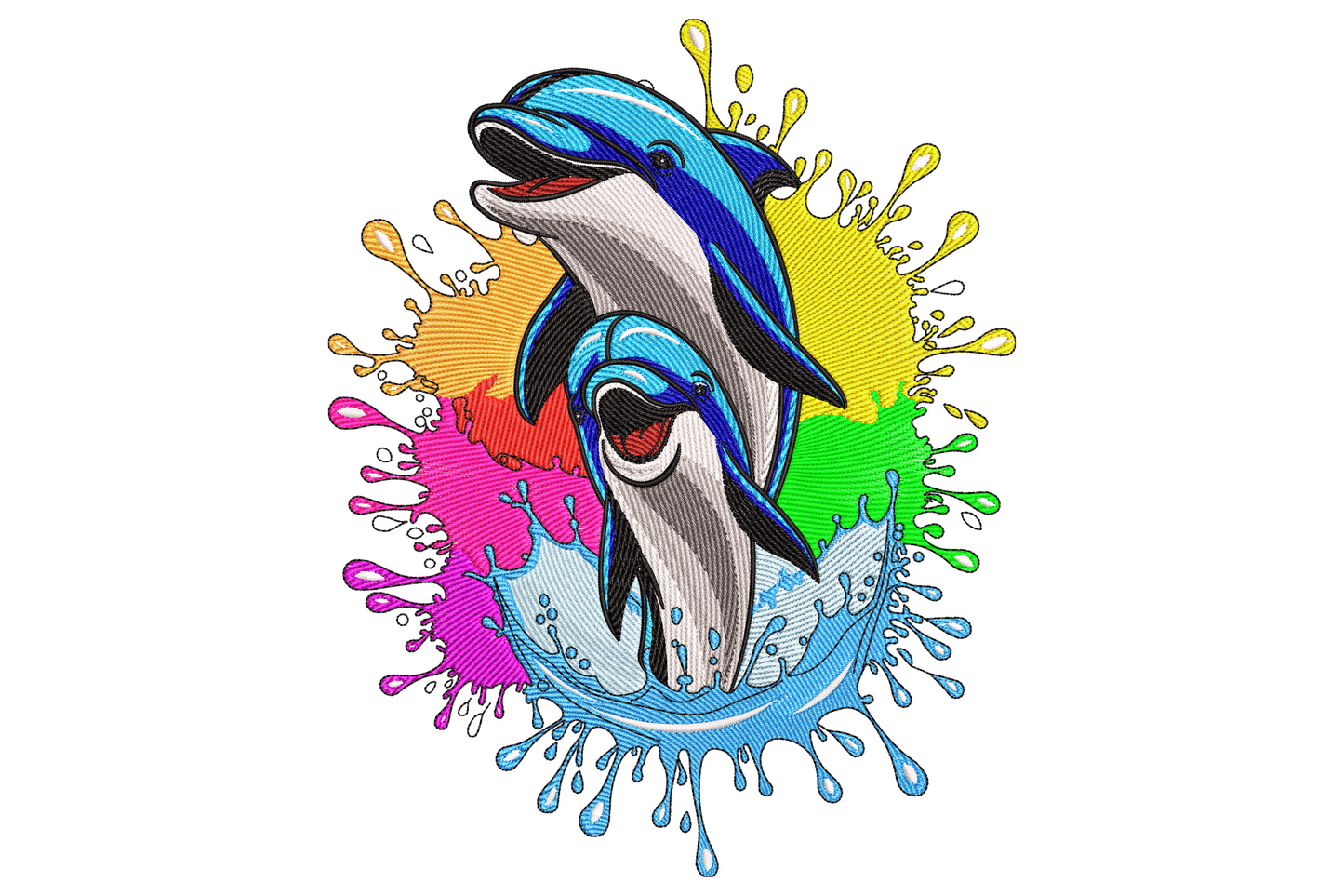 Colorful dolphin splash embroidery design with two blue leaping dolphins over a rainbow oval paint splash background with dripping edges.