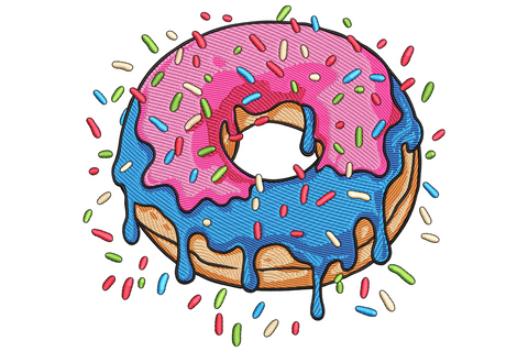 Colorful donut embroidery design with hot pink and sky blue dripping icing, rainbow sprinkles scattered around tan ring donut