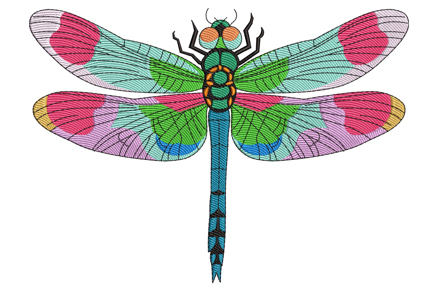 Colorful dragonfly embroidery with teal, turquoise, cobalt and violet wing fills and fine vein detail, 12 colours, 9 sizes.