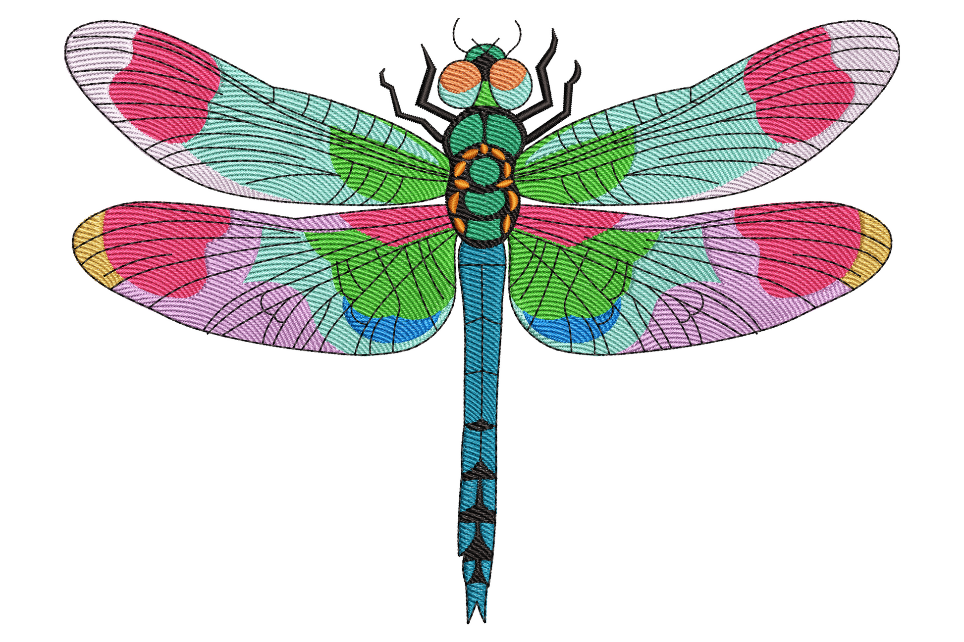 Colorful dragonfly embroidery with teal, turquoise, cobalt and violet wing fills and fine vein detail, 12 colours, 9 sizes.