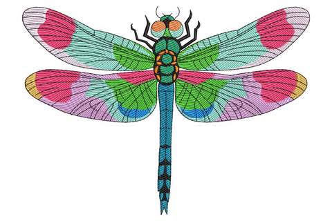 Colorful dragonfly embroidery with teal, turquoise, cobalt and violet wing fills and fine vein detail, 12 colours, 9 sizes.