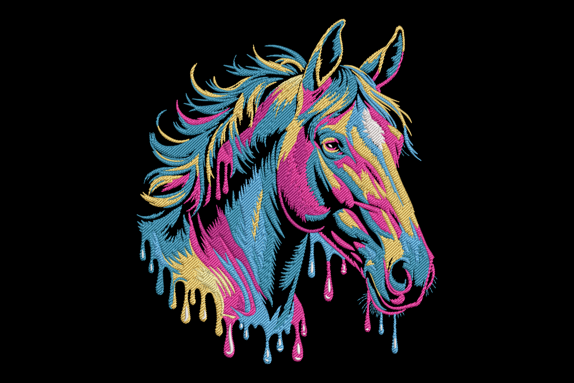 Colorful dripping horse head embroidery with teal blue and hot pink neon color split, golden yellow mane and paint drips on dark ground.