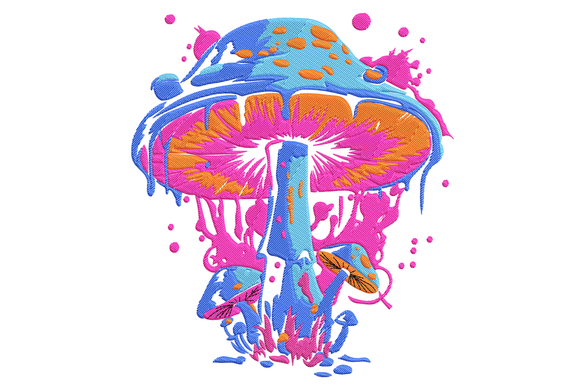 Colorful dripping mushroom embroidery design with magenta cap, cobalt blue drips and butter yellow accents on black fabric.