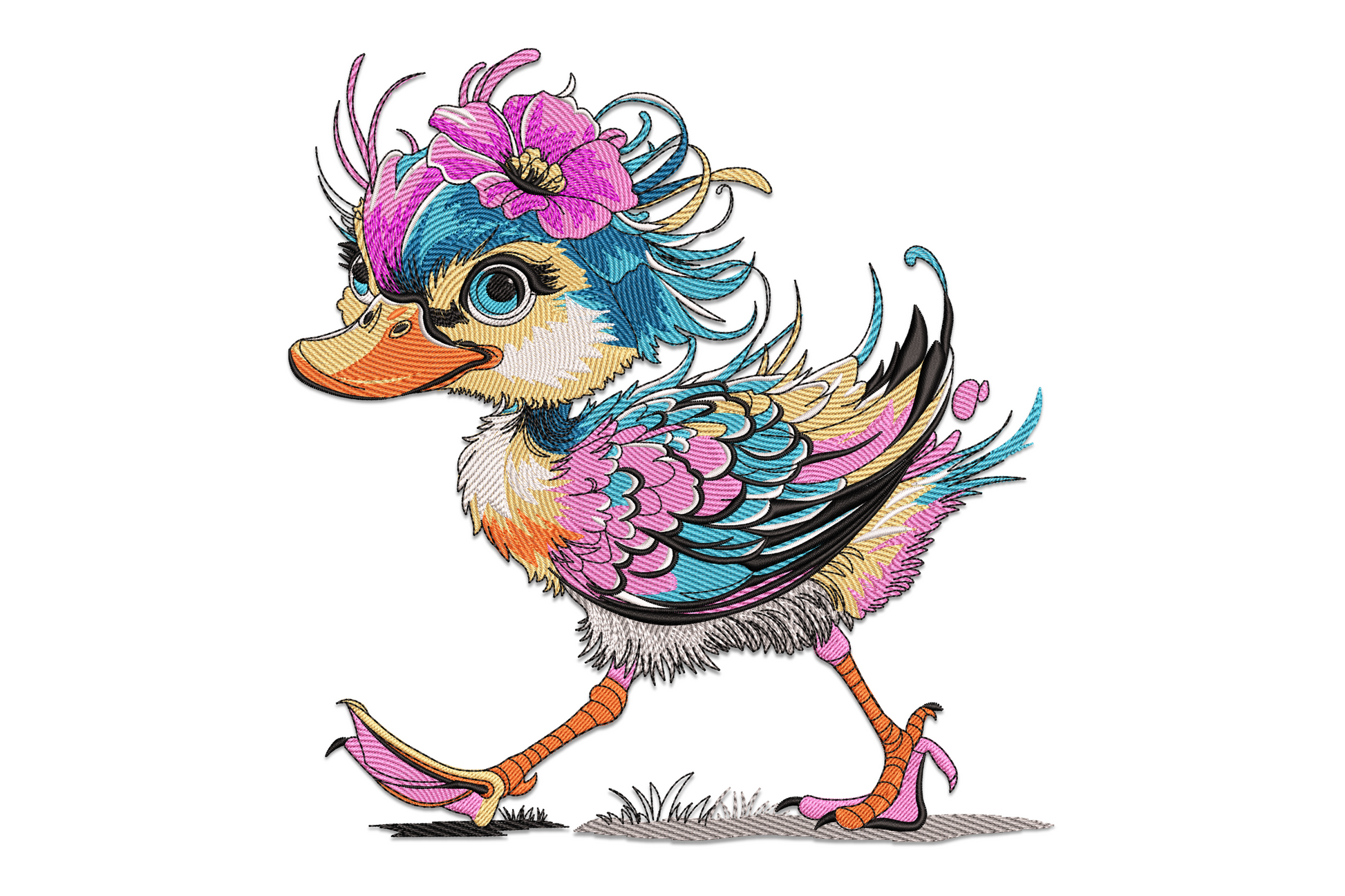 Fantasy cartoon duckling with blue and teal feathers, hot pink flower crown, magenta accents, orange feet
