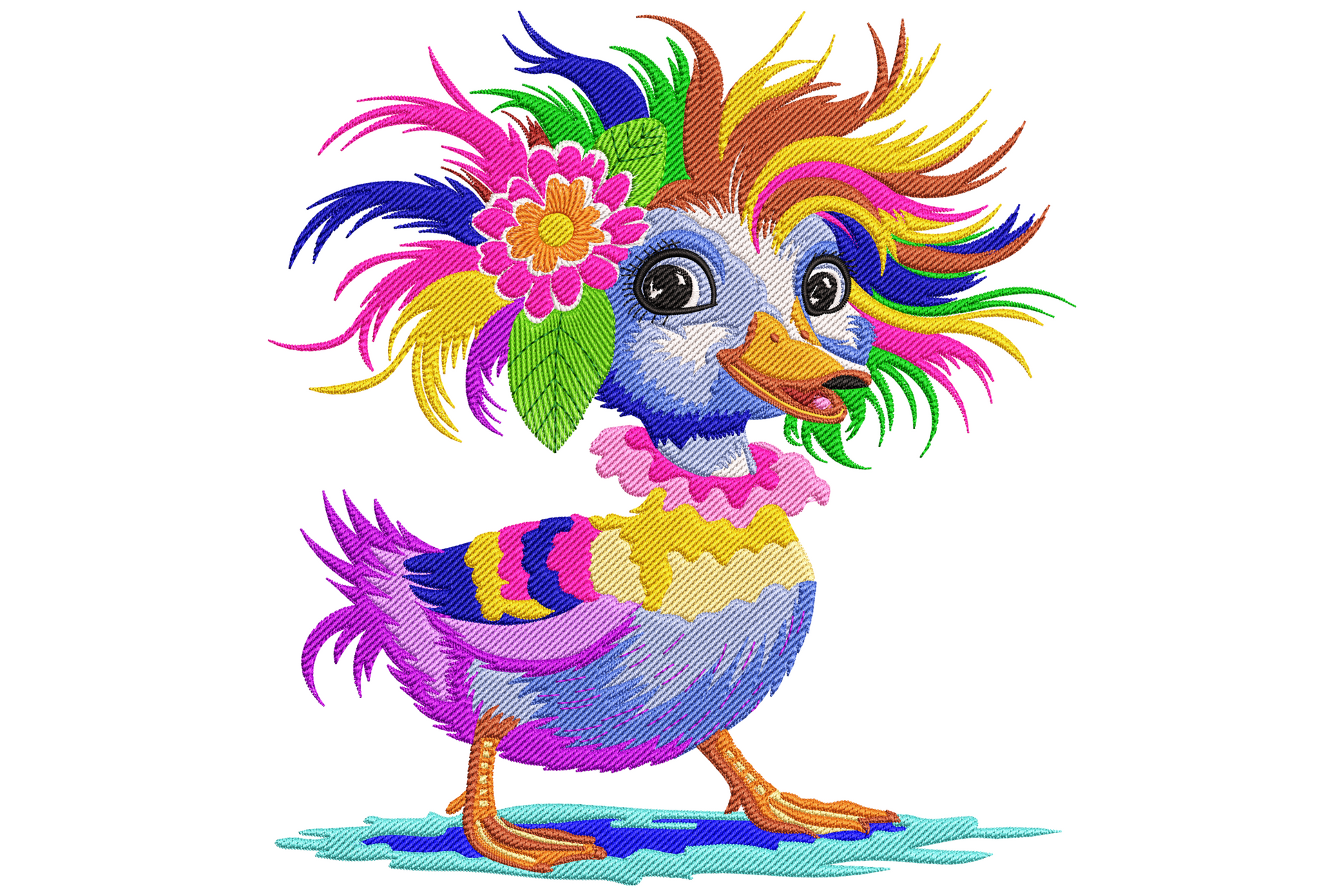 Colorful cartoon duck embroidery design with an explosion of multicoloured feathers fanning out from its head, holding a pink flower.