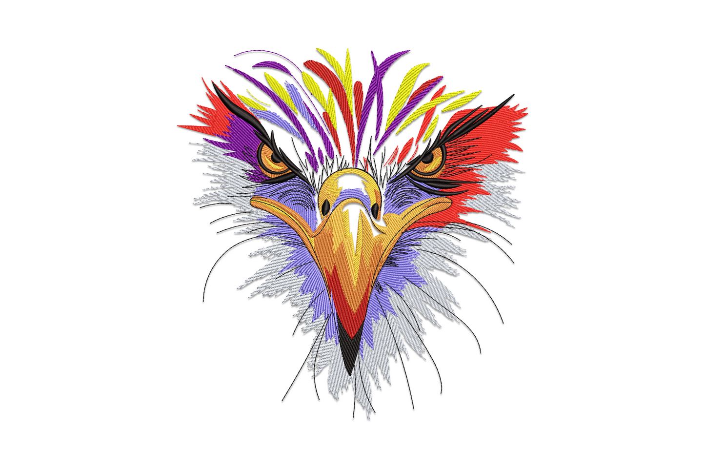 Colorful eagle face embroidery with wild rainbow feathers in purple, red, blue and yellow fanning from crown, golden-orange eyes.