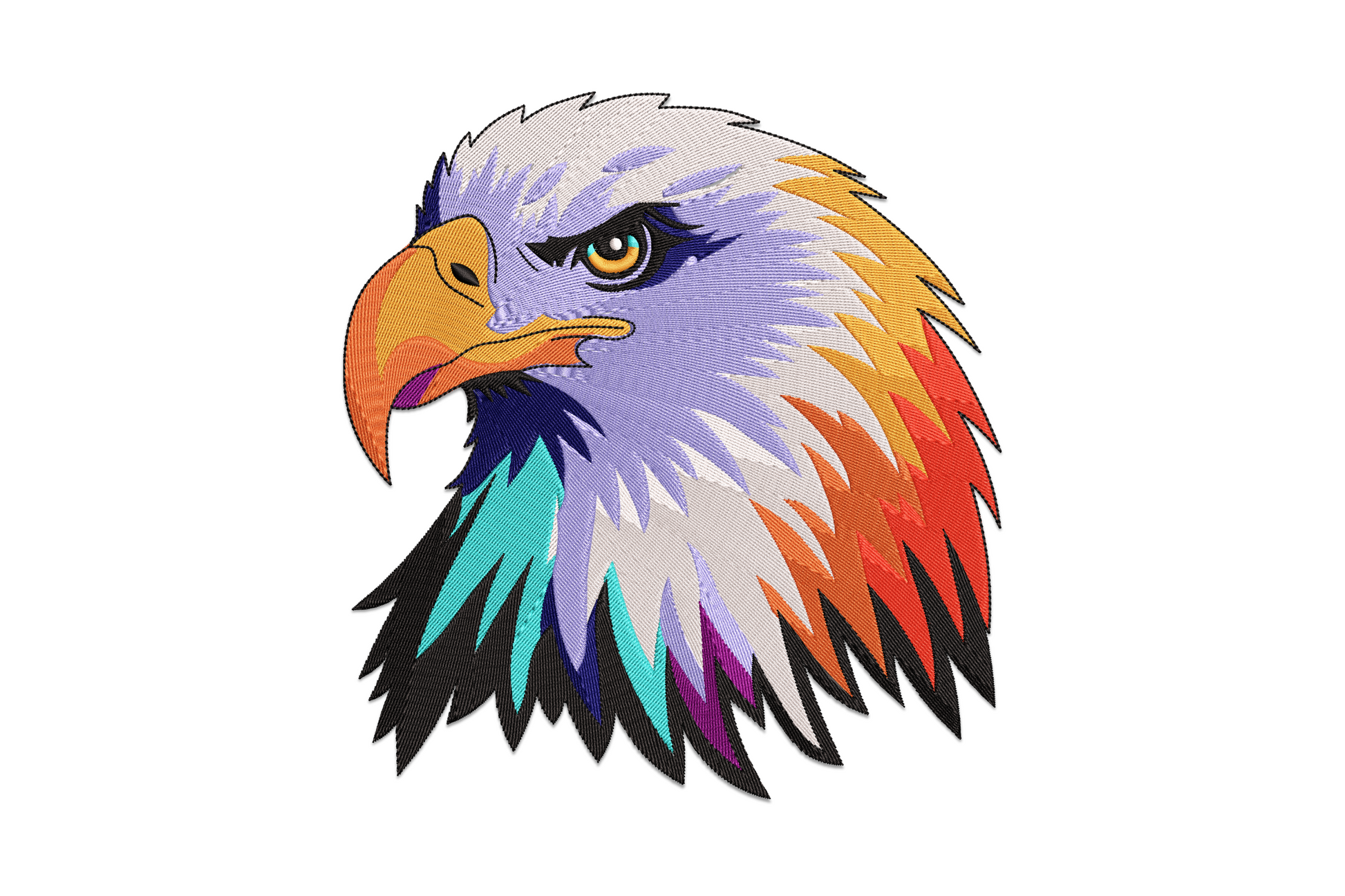 Colorful eagle head embroidery design with lavender, orange, teal and crimson feathers in bold graphic style, 9 thread colours.