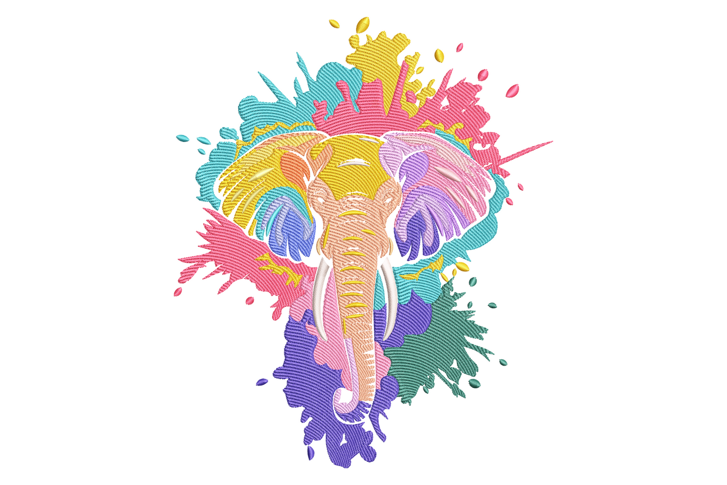 Colorful elephant head embroidery design with hot pink teal yellow and purple paint-splash background, white line-art face and wide ears.