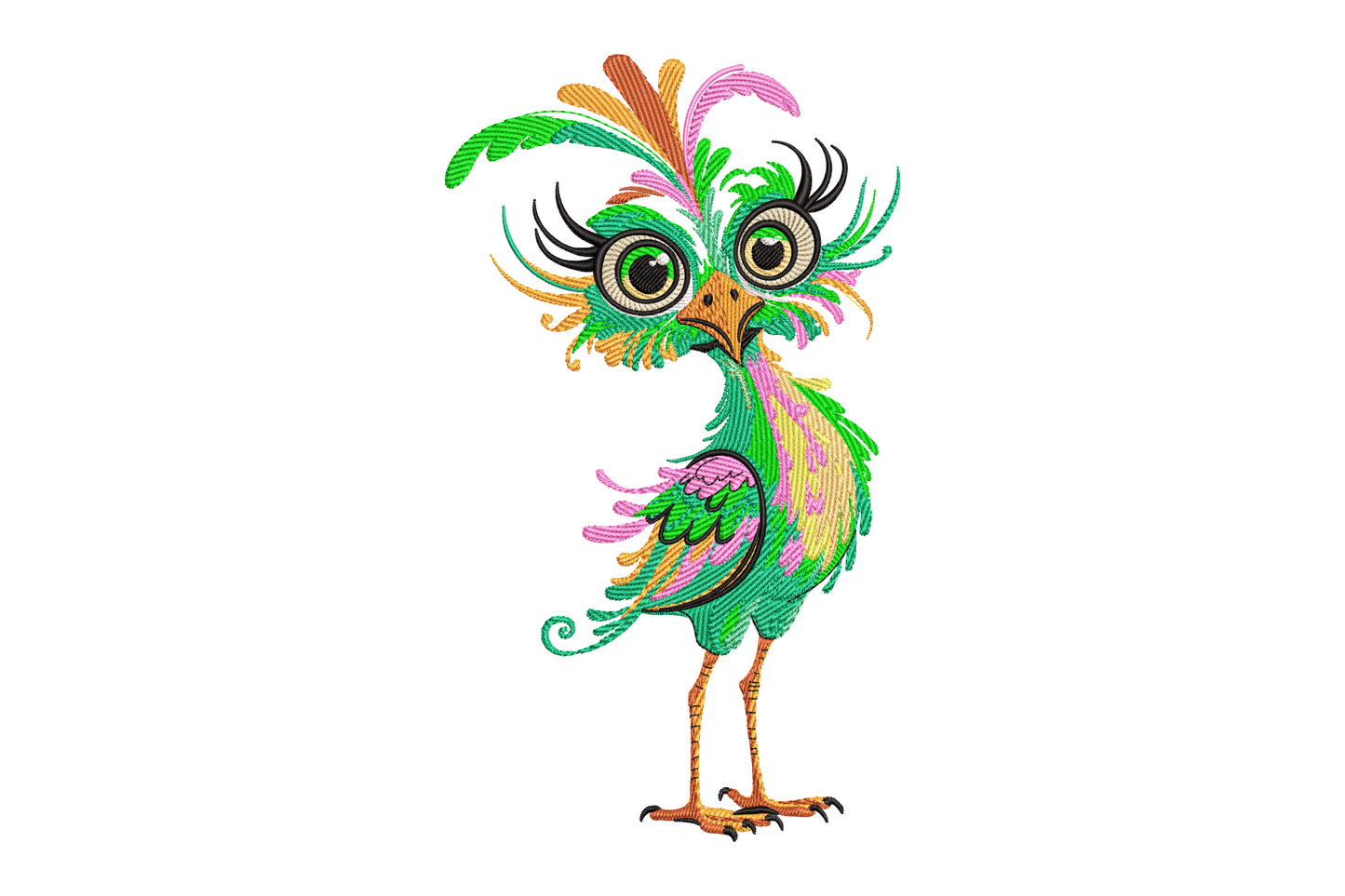 Colorful fancy bird machine embroidery perched on branch with flowing tail feathers and crest, 11 thread colours including coral magenta and teal