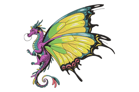 Colourful fantasy dragon embroidery with butterfly wings in teal and yellow, magenta purple body and rainbow curling tail.
