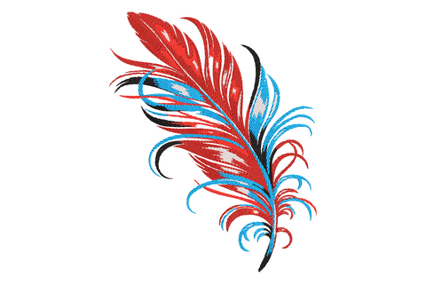 Colorful feather embroidery design with crimson red upper vanes and electric blue lower vanes on a black curling spine.