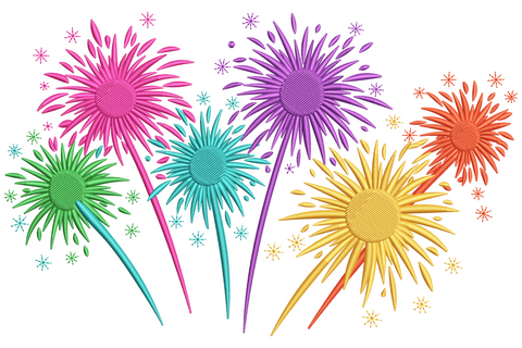 Colorful fireworks burst embroidery with six chrysanthemum-style blooms in pink, purple, teal, green, yellow, orange and white sparkles.