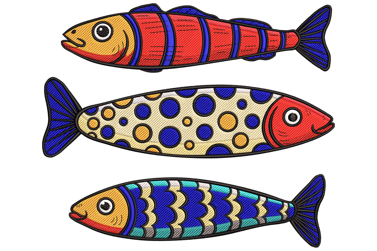 Colorful fish trio embroidery, three tropical fish with directional satin fills, 12 thread colours, 9 sizes