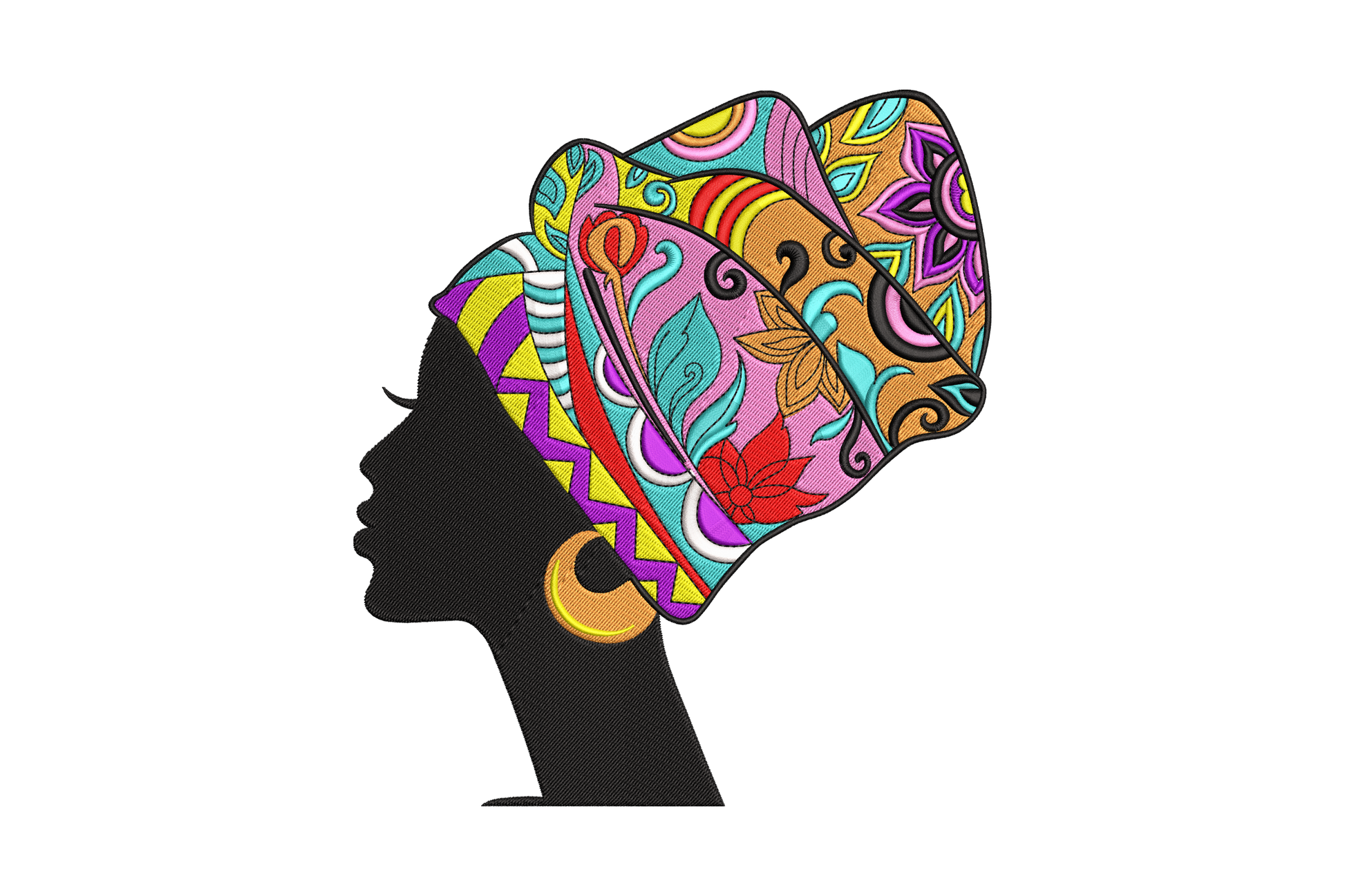 African woman silhouette with a flat afro turban covered in floral swirl motifs in aqua, purple, orange and pink.