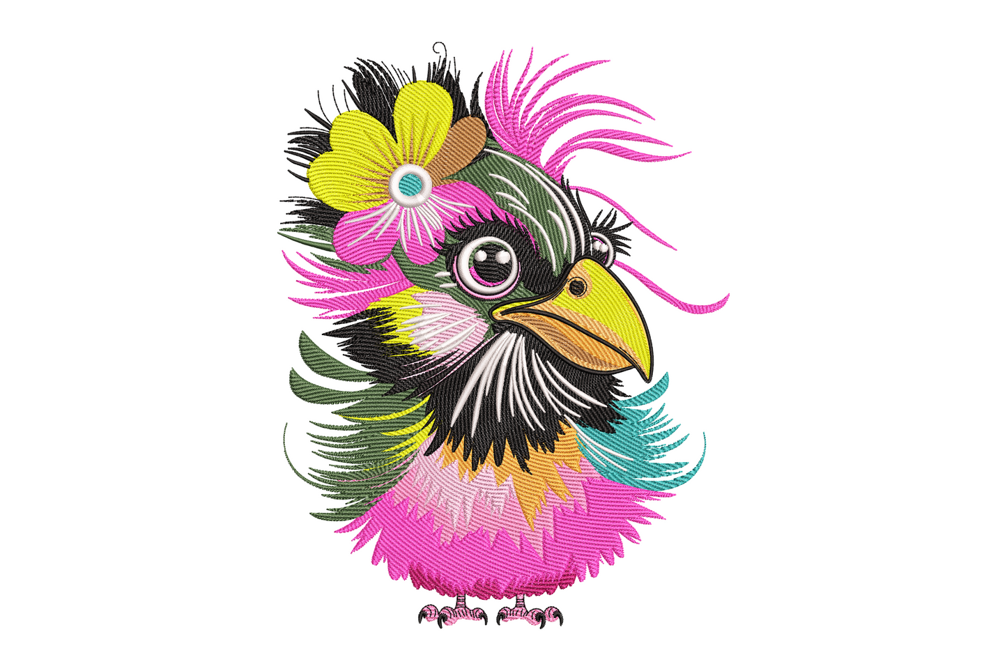 Colourful bird on floral branch machine embroidery design in teal and coral pink, 12 thread colours with directional feather and satin petal stitching
