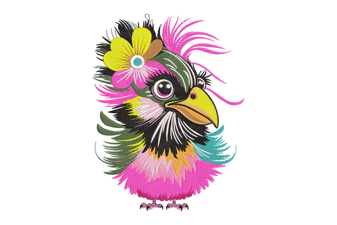 Colourful bird on floral branch machine embroidery design in teal and coral pink, 12 thread colours with directional feather and satin petal stitching
