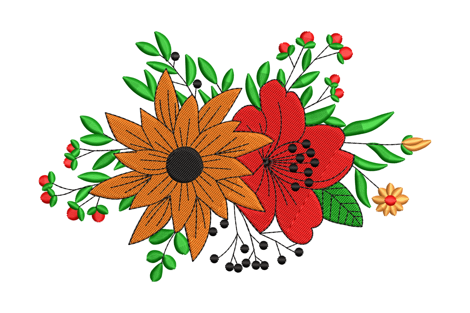Colorful floral cluster embroidery with a large orange sunflower, red poppy, green foliage and black berry sprigs in a bold asymmetric arrangement.