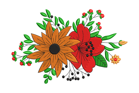 Colorful floral cluster embroidery with a large orange sunflower, red poppy, green foliage and black berry sprigs in a bold asymmetric arrangement.