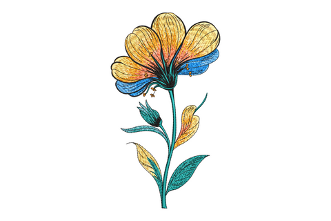 Colorful floral embroidery design with golden yellow and coral petals, blue accent petals, and teal green stem with leaves.