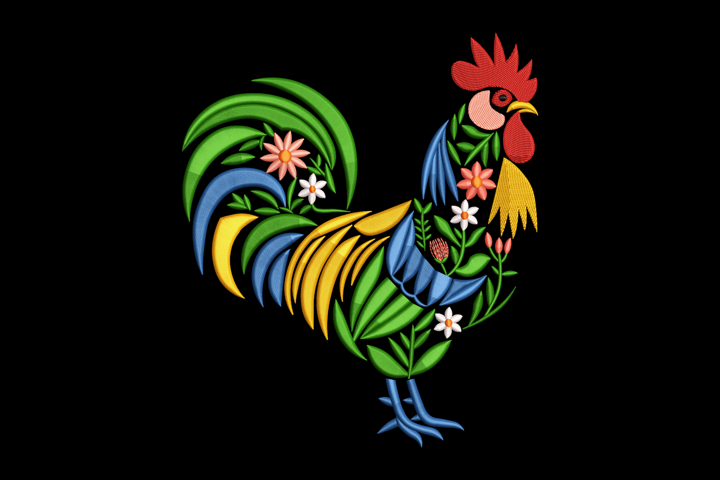 Colorful rooster design with floral elements on a black background