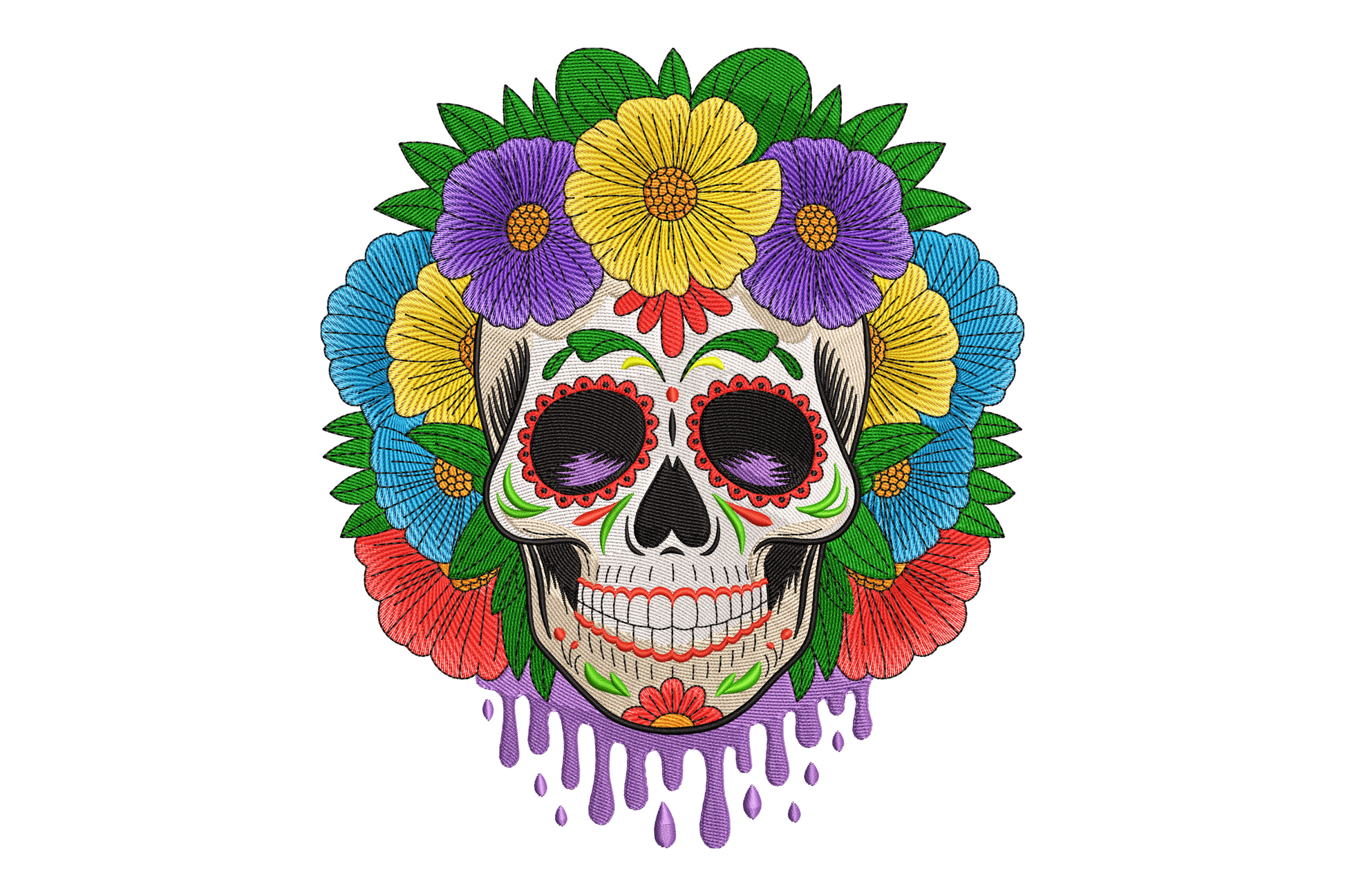 Sugar skull with rainbow flower crown of yellow purple blue red orange blooms, big purple eye sockets, floral cheek paint and dripping purple jaw effect, day of the dead halloween embroidery