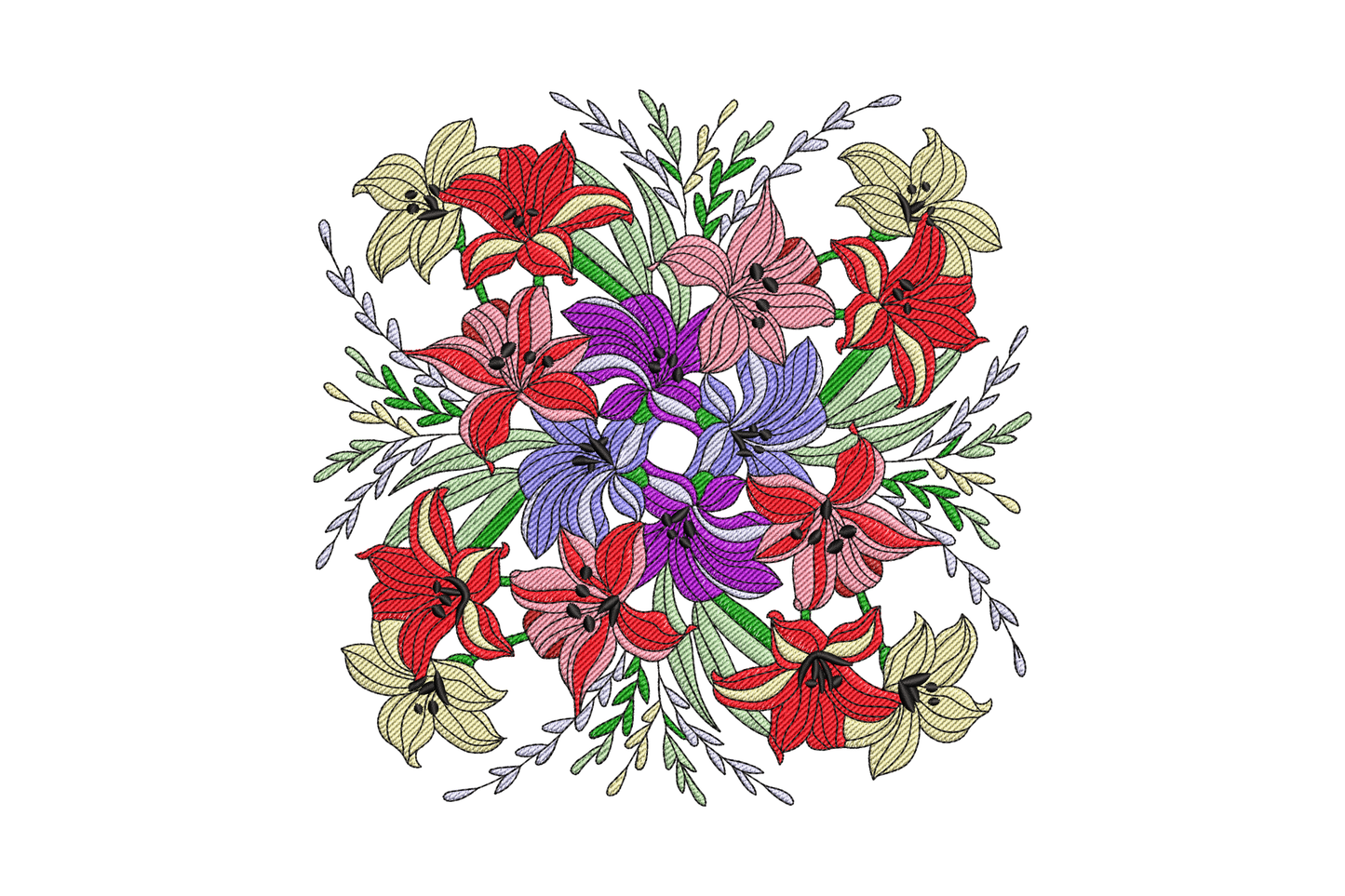 Colorful floral wreath embroidery design with red, purple and pink lily blooms, 10 colours, 4 sizes up to 7.49 inches