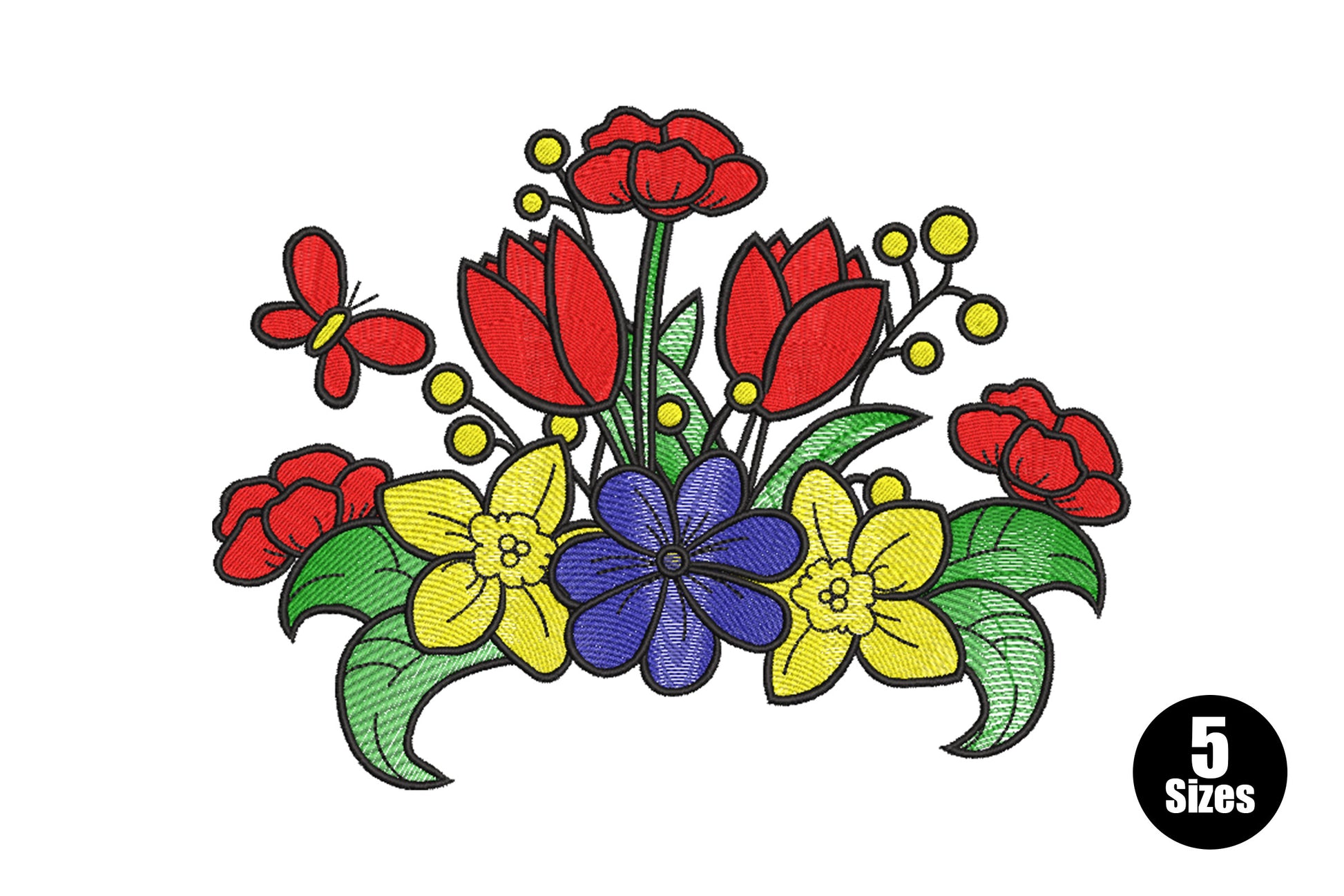 Colorful flower arrangement embroidery design with a butterfly, red petals and dark green stems outlined in bold black on white fabric.