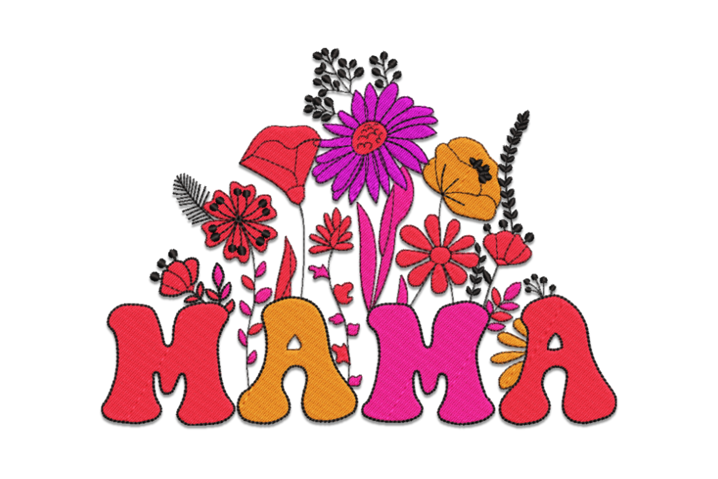 Colorful flower bouquet mama embroidery with coral, yellow, green and lavender blooms above cursive Mama lettering.