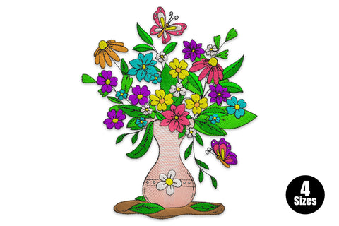 Colorful flower vase embroidery design with a blush ceramic vase overflowing with a mixed bouquet of purple, yellow, teal, orange and pink garden flowers, two butterflies and large dark green leaves.