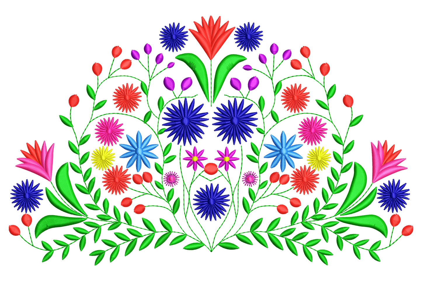 Folk art floral spray embroidery in mirror symmetry, red tulips, blue cornflowers, hot pink daisies and green leaves.