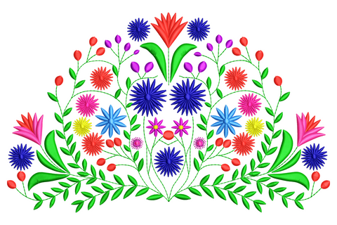 Folk art floral spray embroidery in mirror symmetry, red tulips, blue cornflowers, hot pink daisies and green leaves.