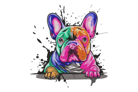 Colorful French bulldog embroidery design in pop-art style with 20 thread colours, bat ears and bold colour blocking