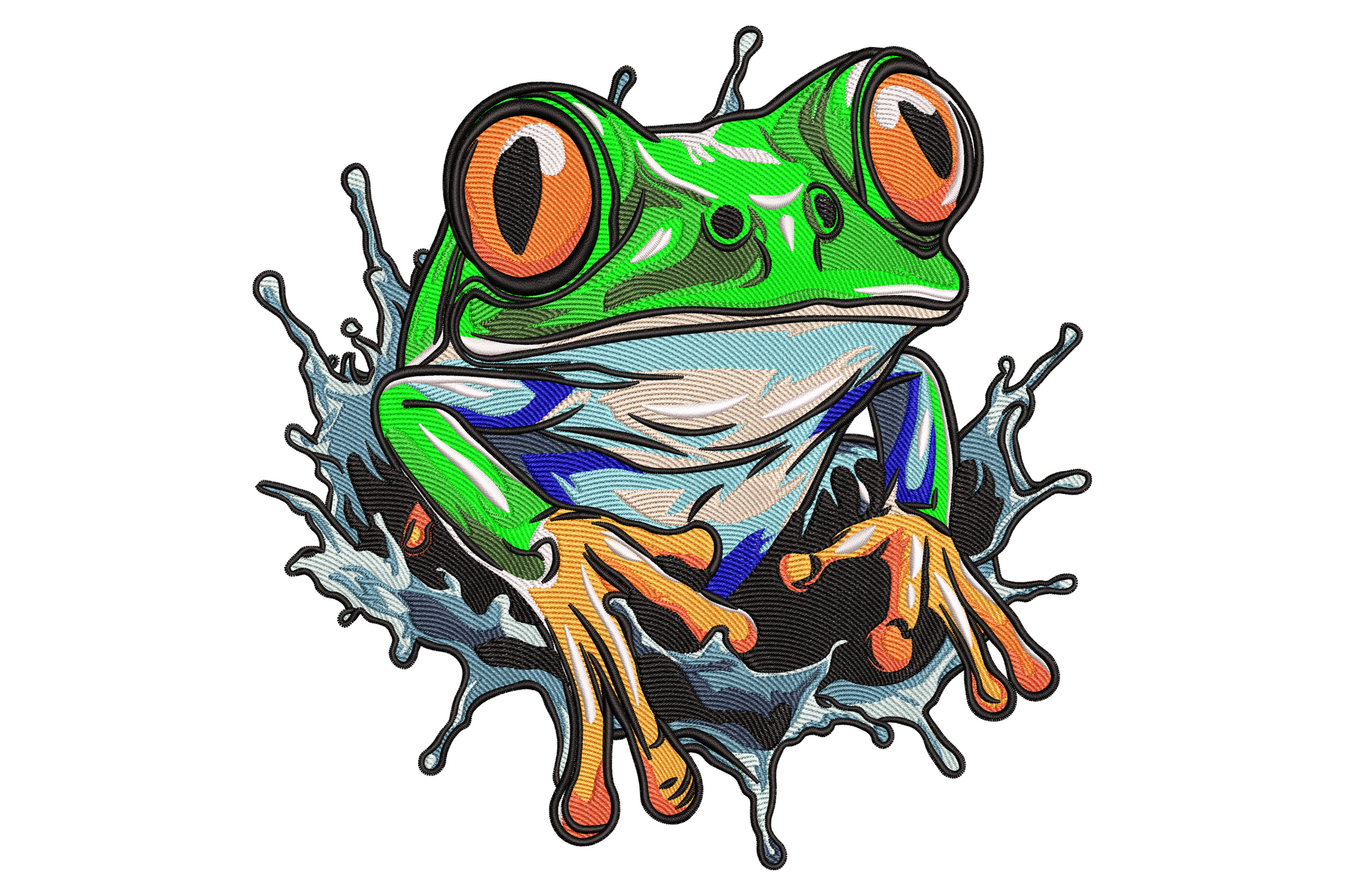 Colorful tree frog embroidery design with orange eyes, bright green body, water splash base, and 14 vivid thread colours.