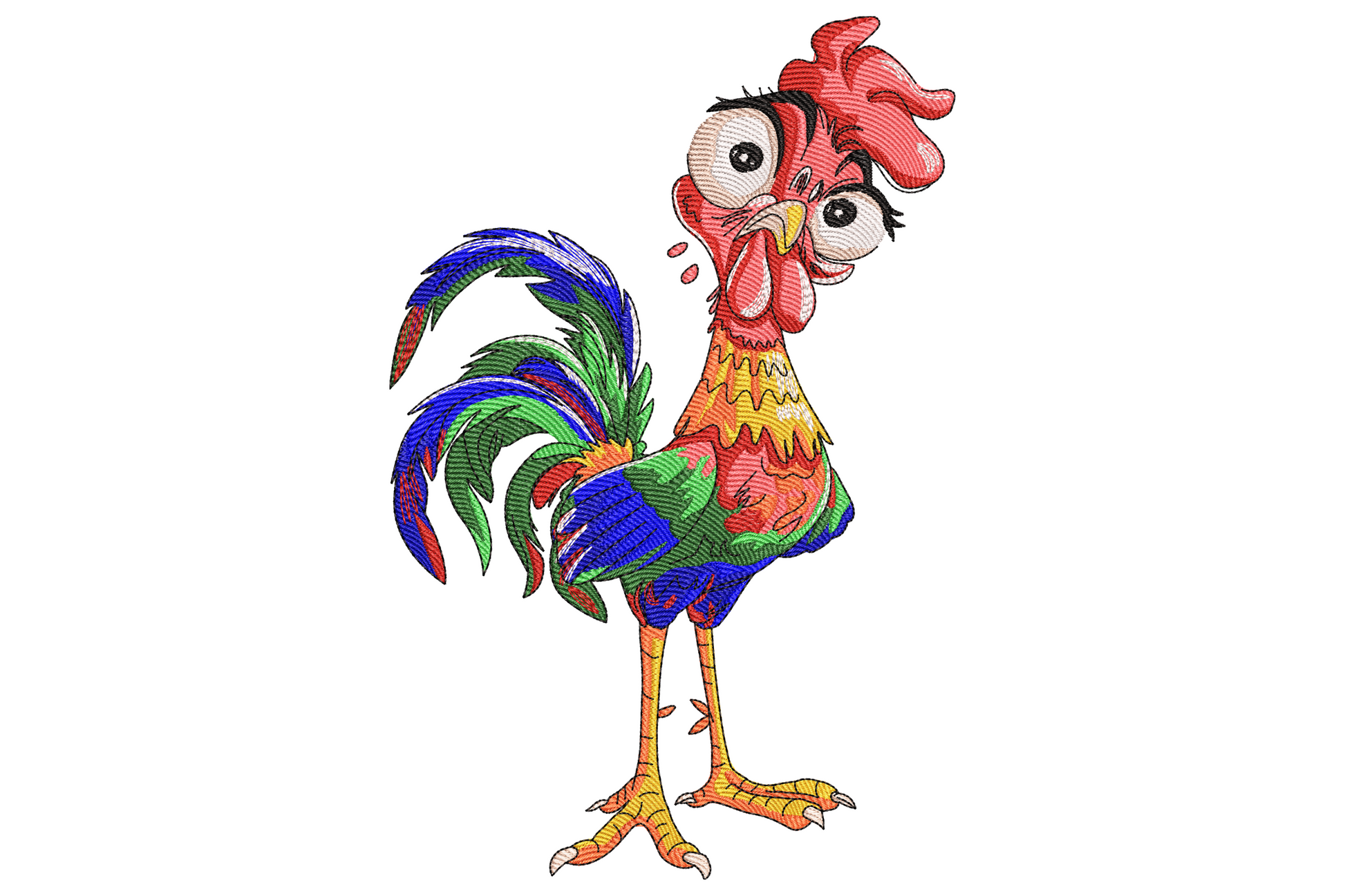 Funny cartoon rooster embroidery design with shocked googly eye, red comb, peach face and bright blue green tail feathers.
